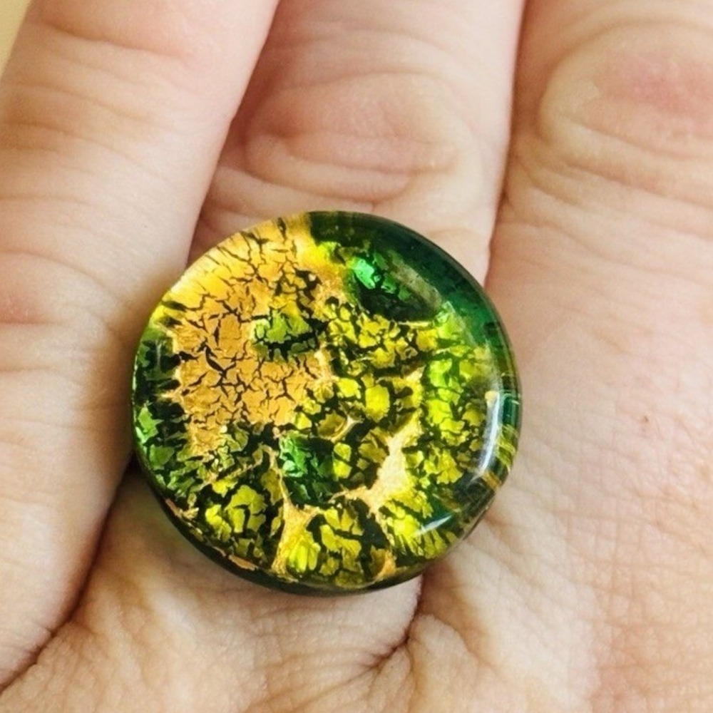 Cocktail Ring VTG Murano Green Glass Gold Foil Statement Chunky BOHO Retro 90s